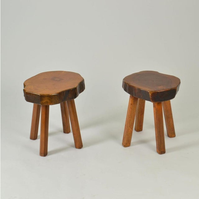 Pair of handcrafted side tables in Burr Elm wood 1970's. These stools have been handmade individually, therefore each...
