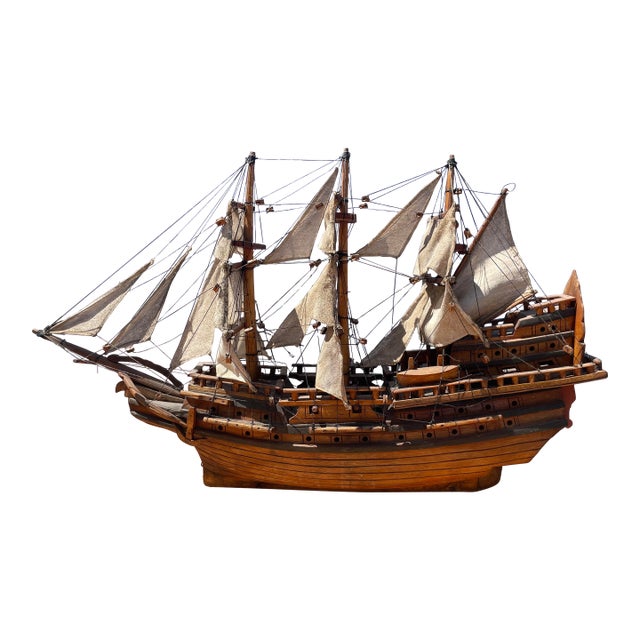 Vintage Large Ship Model Custom Hand Made Wood Galleon Dreadnought Gunship For Sale