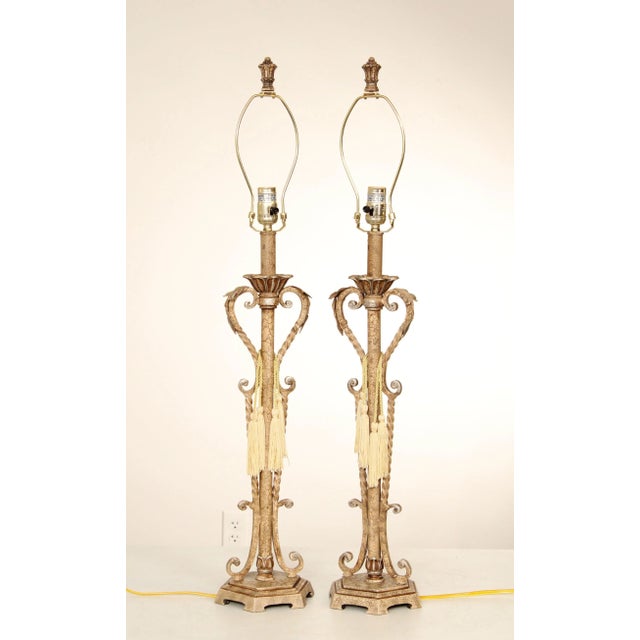 Distressed Painted Finish Pair Wrought Iron Table Lamps For Sale - Image 4 of 12