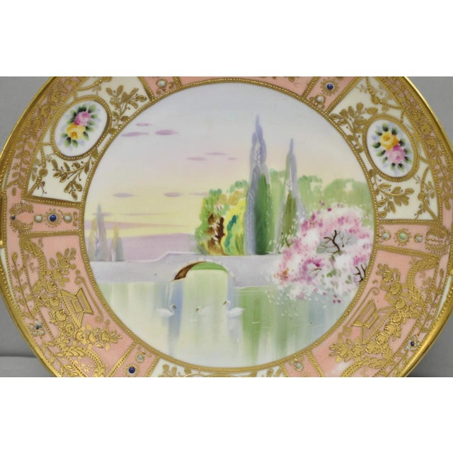 Art Nouveau Antique Nippon Hand Painted Porcelain Gold Gilt Swan & Lake Scene Cabinet Plate For Sale - Image 3 of 15