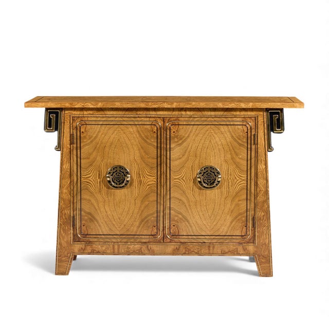 Mastercraft Mid Century Burlwood and Brass Console Credenza This credenza measures: 51.5 wide x 15 deep x 33.25 inches...