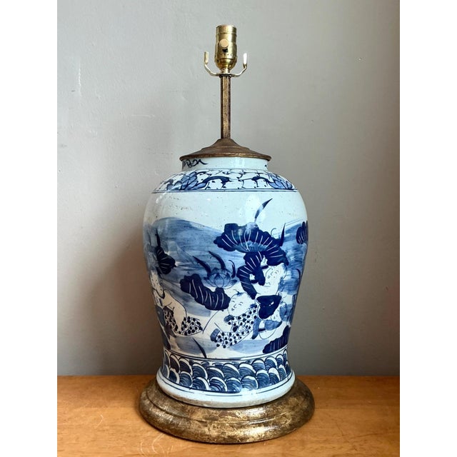 Antique Style Blue Ceramic Lamp With Wooden Base For Sale - Image 16 of 17