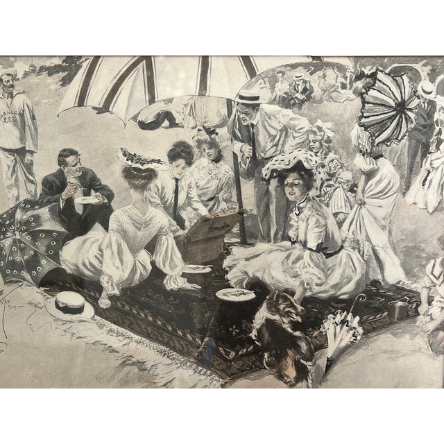 Vintage lithograph of typical day at the beach during turn of the Century. American Illustrator Harrison Fisher 1908. A...