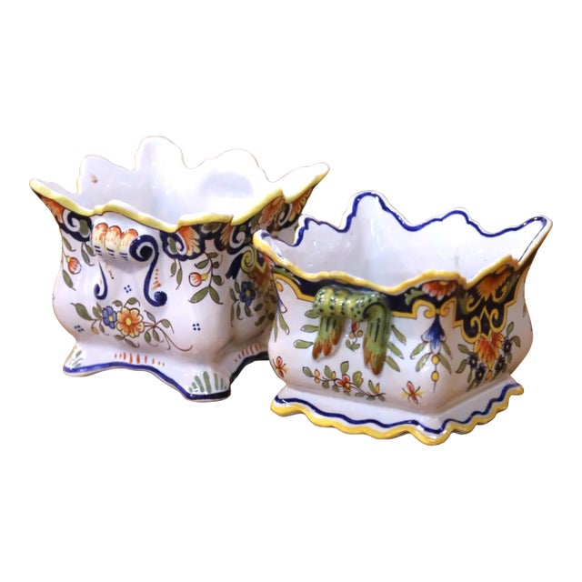 Near Pair of Early 20th Century French Rouen Faience Cachepots or Nuts Bowls For Sale