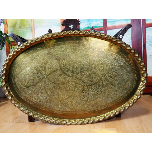 Solid antique oriental Brass tray tea table Syria . An Antique, rare & very decorative Hammer Engraved Bdrass tray /...