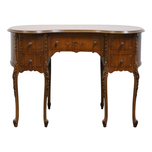 Vintage Antique Solid Walnut Louis XV French Provincial 42" Kidney Vanity Table W. Hand Painted Floral Accents For Sale