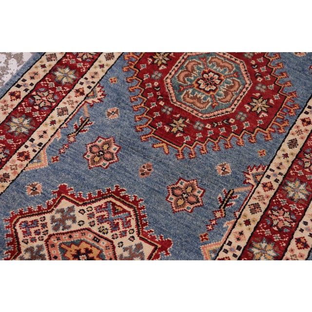 Rustic Super Kazak Light Blue/Red Wool Runner Rug- 2'5'' X 9'9'' For Sale - Image 4 of 10