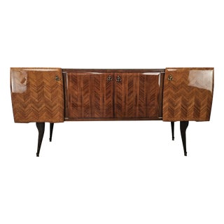 Mid-Century Mahogany-Paneled Sideboard with Glass Top and Brass Handles, 1960 For Sale