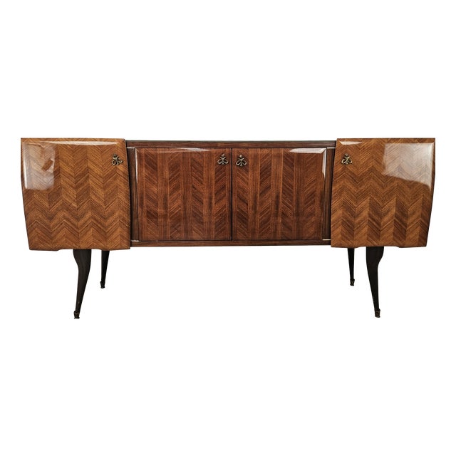 Mid-Century Mahogany-Paneled Sideboard with Glass Top and Brass Handles, 1960 For Sale
