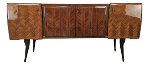Mid-Century Mahogany-Paneled Sideboard with Glass Top and Brass Handles, 1960