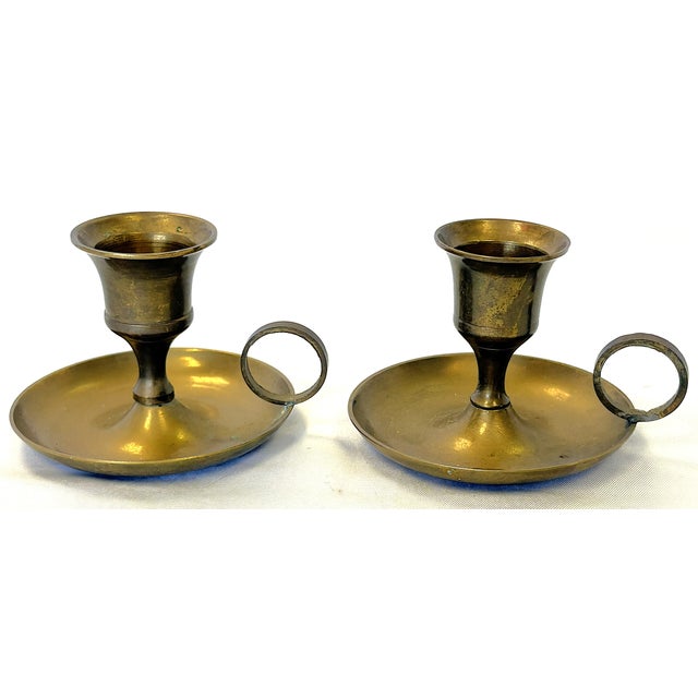 Metal Vintage Solid Brass Chamberstick Candle Holder Made in India- A Pair For Sale - Image 7 of 11