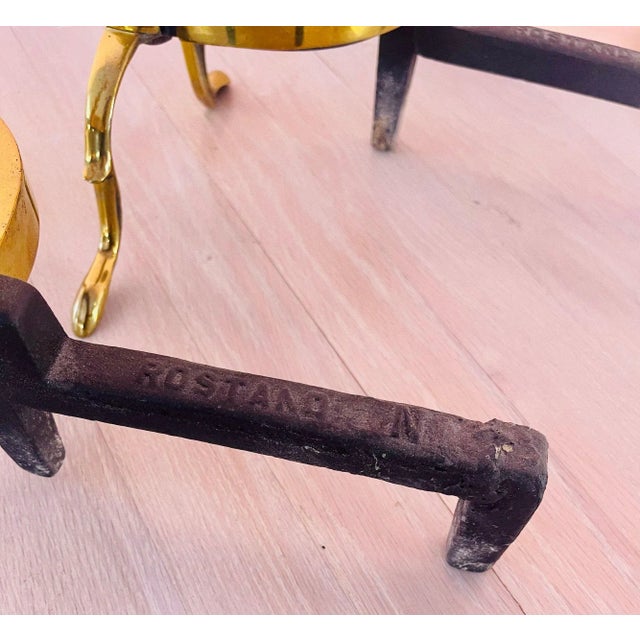 Antique Rostand Canonball Brass Fireplace Andirons For Sale - Image 4 of 4