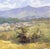 This oil on panel artwork captures a serene landscape, featuring rolling hills and distant mountains under a softly...