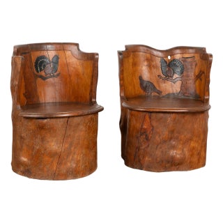 Pair of Early 20th Century Hand-Carved Log Stools “Kubbestol” With Turkeys For Sale