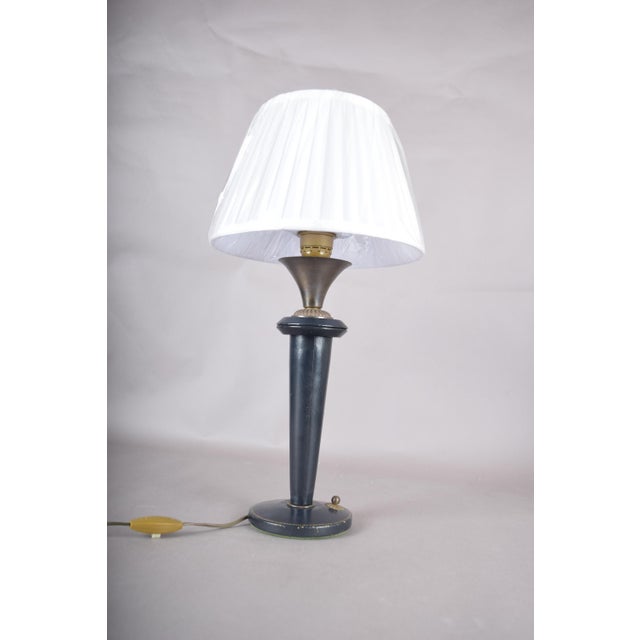 Navy Blue Leather and Brass Table Lamp with Pleated Shade, 1950s For Sale - Image 14 of 18