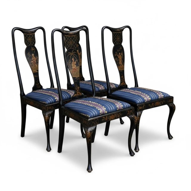 Early 20th Century Early 20th-C. Hand Painted English Queen Anne Style Chinoiserie Dining Chairs - Set of 4 For Sale - Image 5 of 7