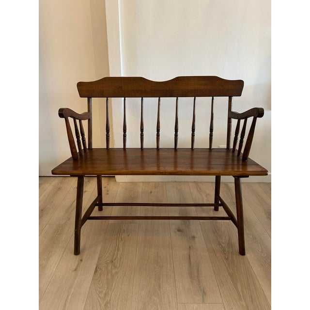 Charming 1940s Federal style bench in walnut stained oak.