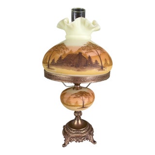 Fenton Log Cabin Hurricane Lamp Hand Painted on Custard Glass For Sale