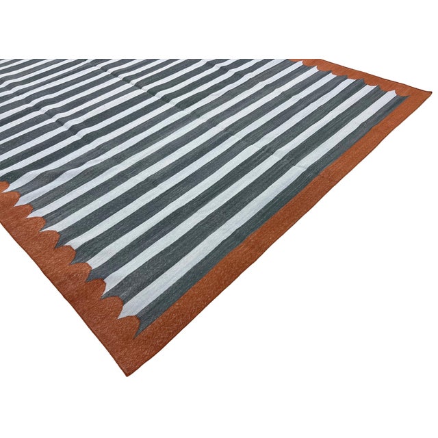 Not Yet Made - Made To Order Handmade Cotton Area Rug, Vegetable Dyed, Sky Blue, Gray and Terracotta Striped Dhurrie -8'x12' For Sale - Image 5 of 13