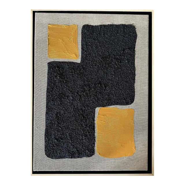 Gold and Carbon Painting on Spanish Linen Minimalist Painting, Framed Gold Corners For Sale