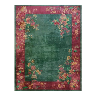 1920s Green Floral Antique Chinese Art Deco Rug 8'9" X 11'3" Handknotted Wool Carpet For Sale