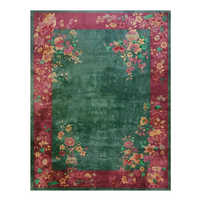 1920s Green Floral Antique Chinese Art Deco Rug 8'9" X 11'3" Handknotted Wool Carpet For Sale