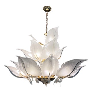EPIC 1970’s Seguso Murano chandelier designed by Franco Luce // 48” diameter and three-tiers of hand-blown glass leaves on gold-plate frame For Sale