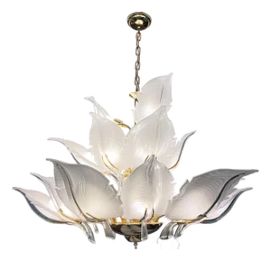 EPIC 1970’s Seguso Murano chandelier designed by Franco Luce // 48” diameter and three-tiers of hand-blown glass leaves on gold-plate frame