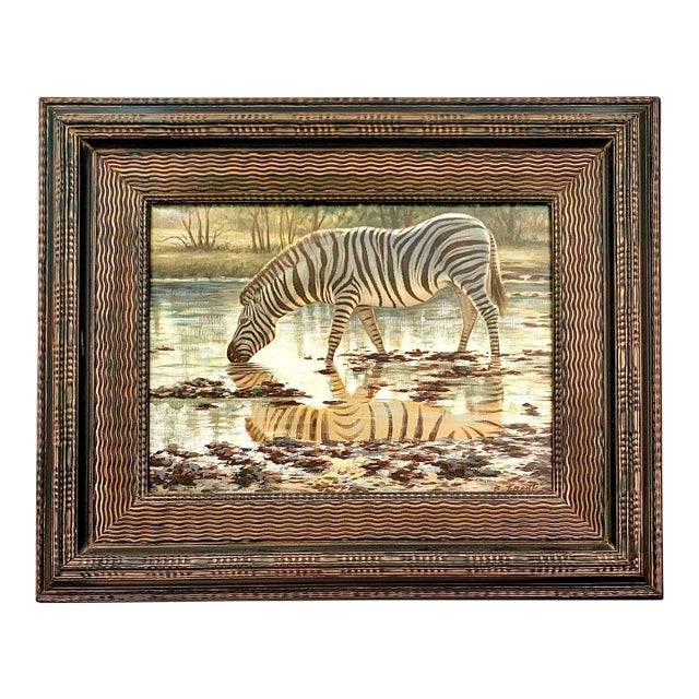Late 20th Century Painting Decor Zebra by Pond Original Oil on Canvas Art Framed Signed For Sale
