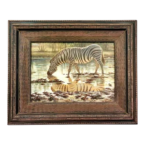Late 20th Century Painting Decor Zebra by Pond Original Oil on Canvas Art Framed Signed