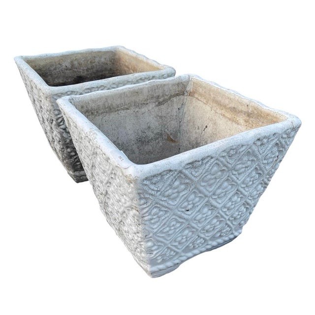 Contemporary Vintage Pair of Square Lattice Cast Stone Planters For Sale - Image 3 of 12