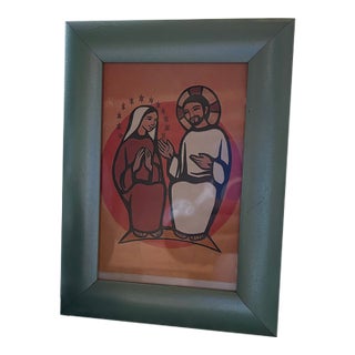 1960s Illustration Mary & Jesus Artwork With Light Lime Green Frame For Sale