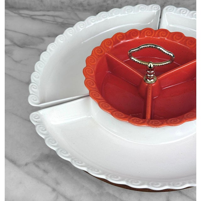 Ceramic Mid-Century California Pottery Orange & White Lazy Susan Chip & Dip Centerpiece For Sale - Image 7 of 11