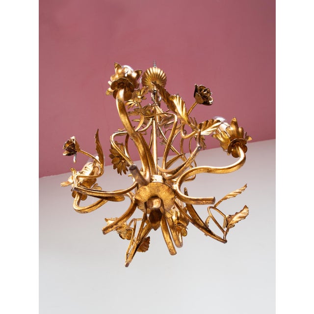 Italian Chandelier in Gilded Metal with Leaves and Flowers, 1970s For Sale - Image 3 of 8