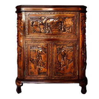20th Century Chinoiserie Carved Lacquered Bar Cabinet For Sale