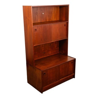 Mid Century Danish Modern Credenza Bookshelf Cabinet Teak Shelves Sliding Doors For Sale