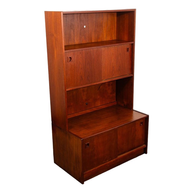 Mid Century Danish Modern Credenza Bookshelf Cabinet Teak Shelves Sliding Doors For Sale