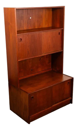 Mid Century Danish Modern Credenza Bookshelf Cabinet Teak Shelves Sliding Doors