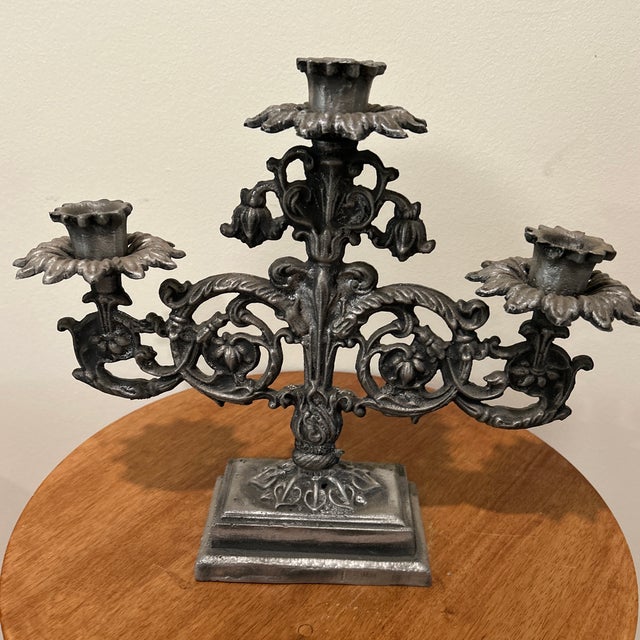 Silver Vintage Art Nouveau Triple French Gothic Candelabra Candle Holder For Sale - Image 8 of 12