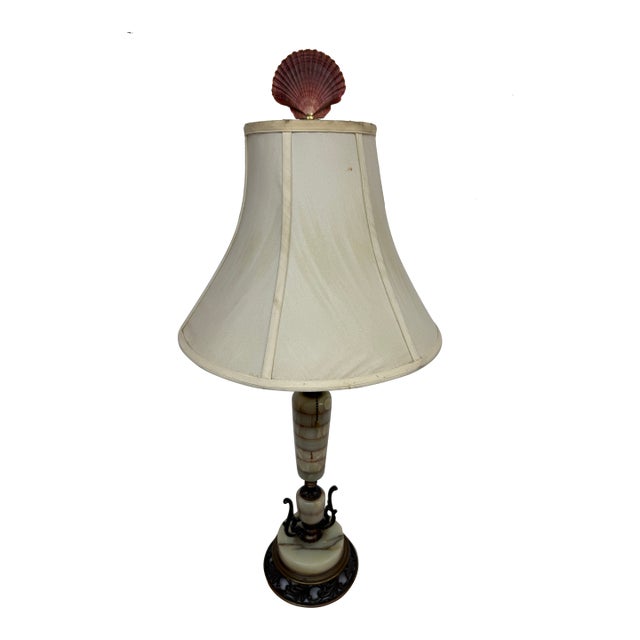 Vintage Onyx + Brass Table Lamp With Seashell Finial For Sale