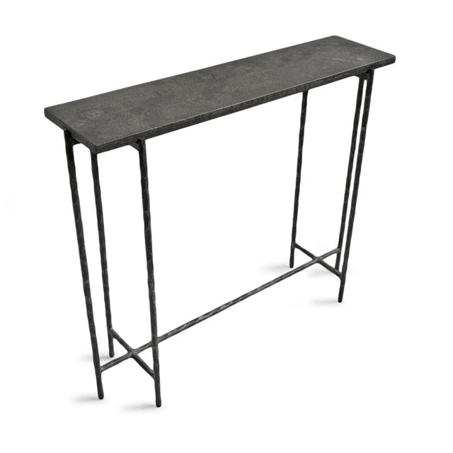 Modern console table with beautiful bluestone top on black and steel hammered iron base. Smaller size makes this great for...