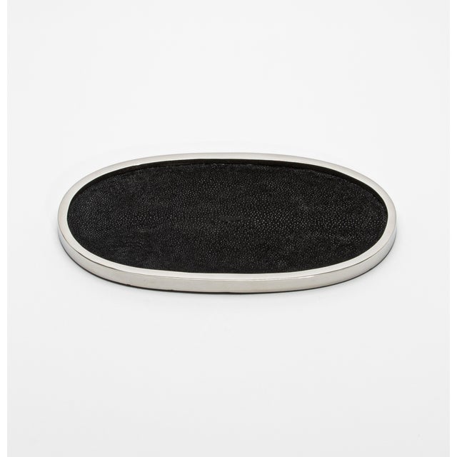 Metal Oval Tray in Black Shagreen With Polished Stainless Steel by Kifu Paris For Sale - Image 7 of 8
