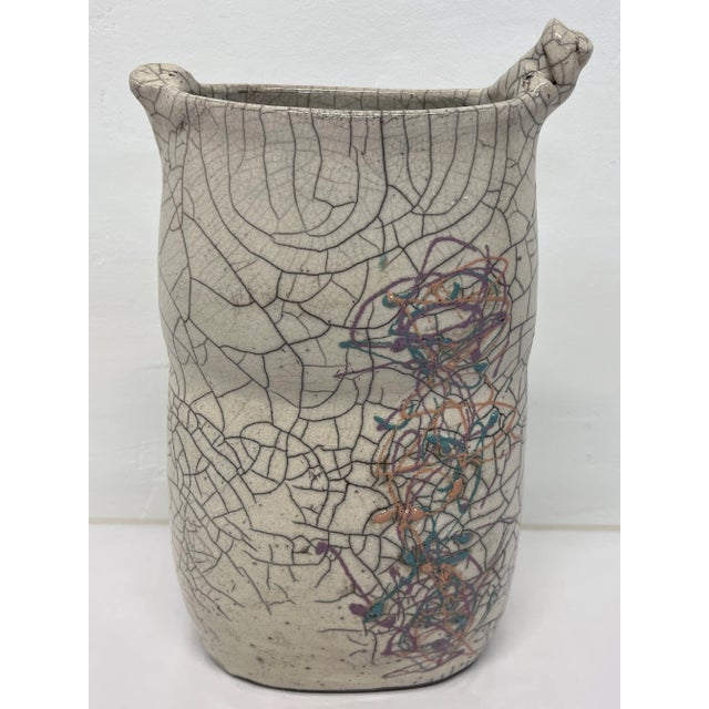 Postmodern Crackled Glaze Studio Pottery Vase With Colorful Design, 1980s For Sale - Image 11 of 11