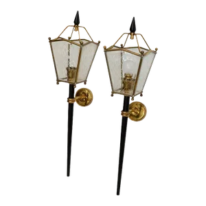 Pair, Jacques Adnet Style Medium Size Sconces Lantern Wall Lamps France 1960