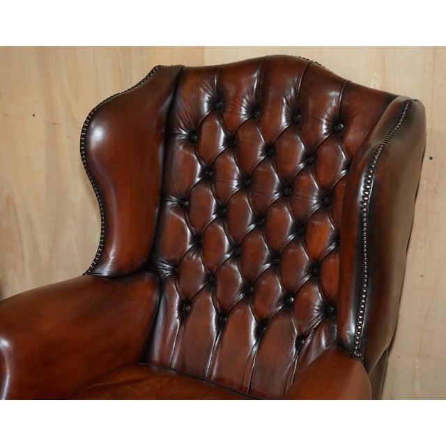 Chesterfield Wingback Chairs and Ottomans in Brown Leather, Set of 4 For Sale - Image 5 of 18