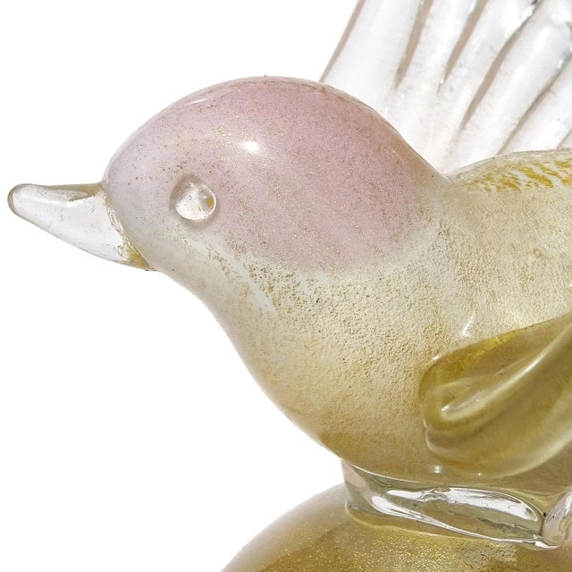 Mid-Century Modern Murano Vintage Barbini Pink Head White Heavy Gold Flecks Italian Art Glass Bird Figure Paperweight For Sale - Image 3 of 7