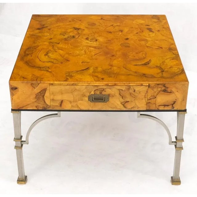 Amber Square Burl Olive Wood Campaign Style Pull One Drawer Large End Side Table For Sale - Image 8 of 13