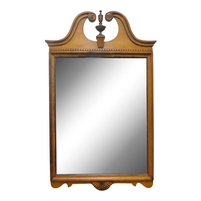 Vintage Maple Wood Federal Style Broken Arch Urn Finial Wall Mirror