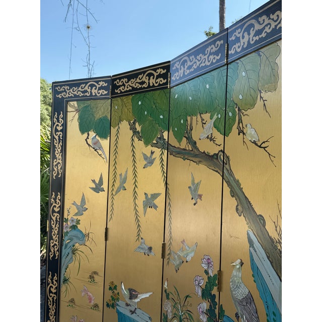 1960s Vintage Chinese Four-Panel Chinoiserie Folding Screen With Raised Shell Birds & Gold Leaf For Sale - Image 5 of 8