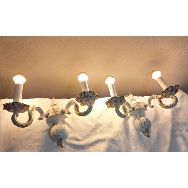 Ceramic Vintage Wall Lamps in White Glazed Porcelain with Gold Decoration, 1970s, Set of 2 For Sale - Image 7 of 7